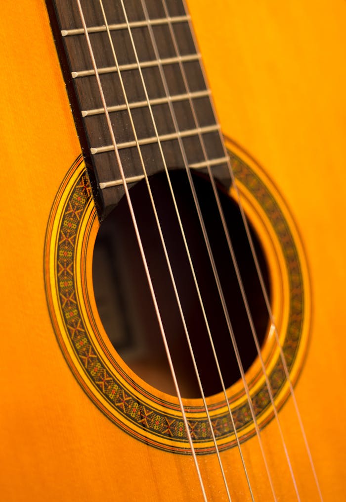 why-choose-us Detailed view of a classic acoustic guitar with intricate design.