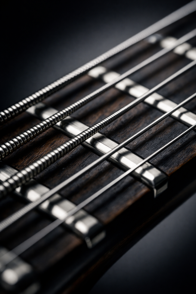 Calibre de cuerdas de guitarra comparando grosores según escala y afinación en taller de luthier