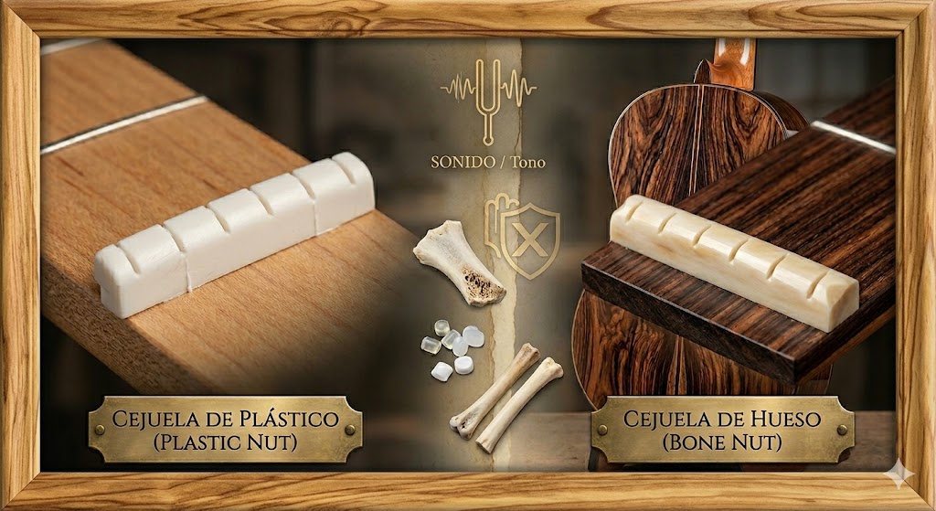Cejuela de plástico vs cejuela de hueso en guitarras flamencas y clásicas
